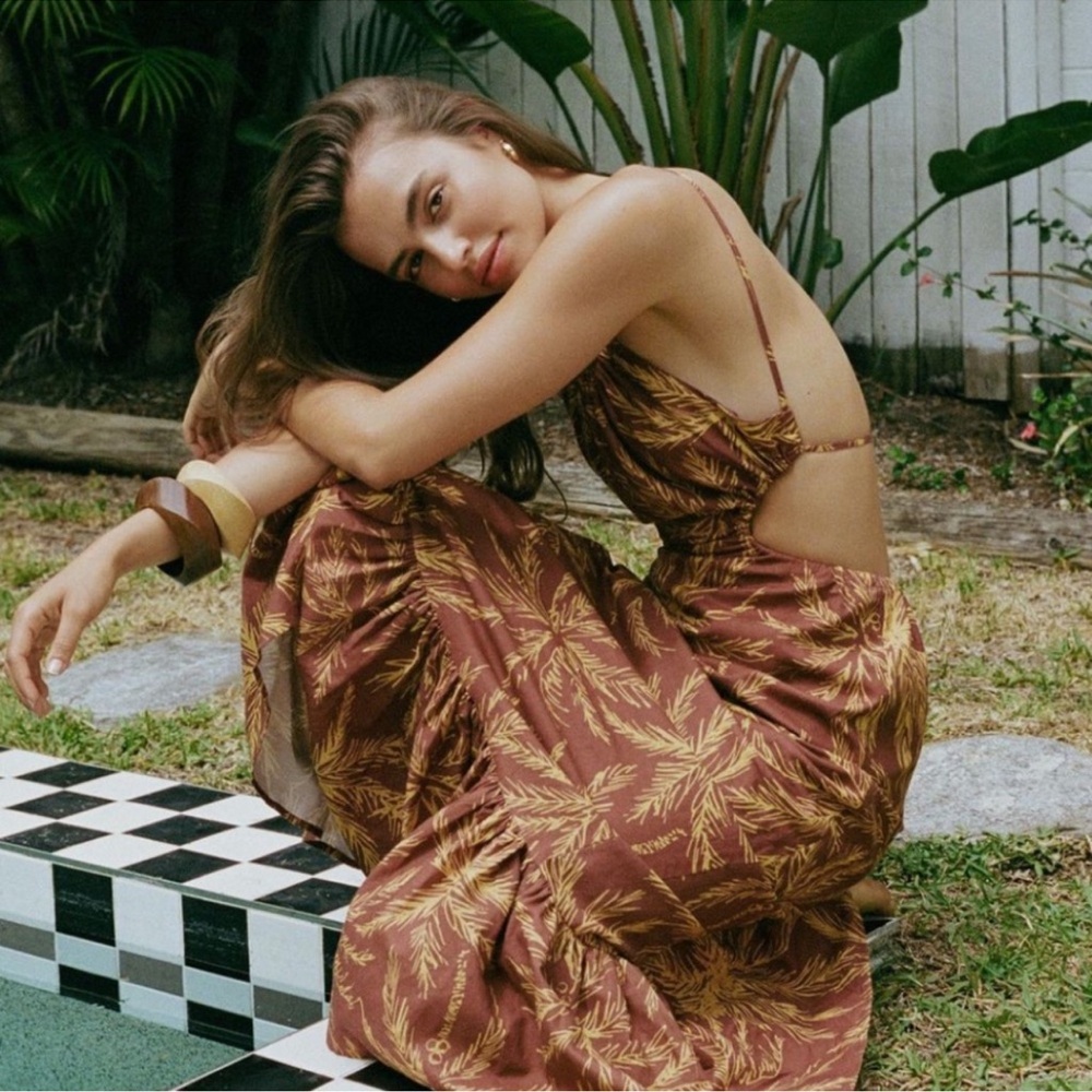 Cut Out, Tie Back Maxi Dress in Palm Print Size 4 .